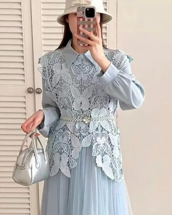 Light Blue Net Frock with Lace Waistcoat