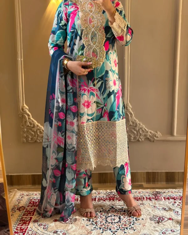 Navy Floral Moti Work 3-Piece Lawn Suit