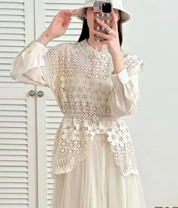 Cream Lace Frock with Embroidered Waistcoat
