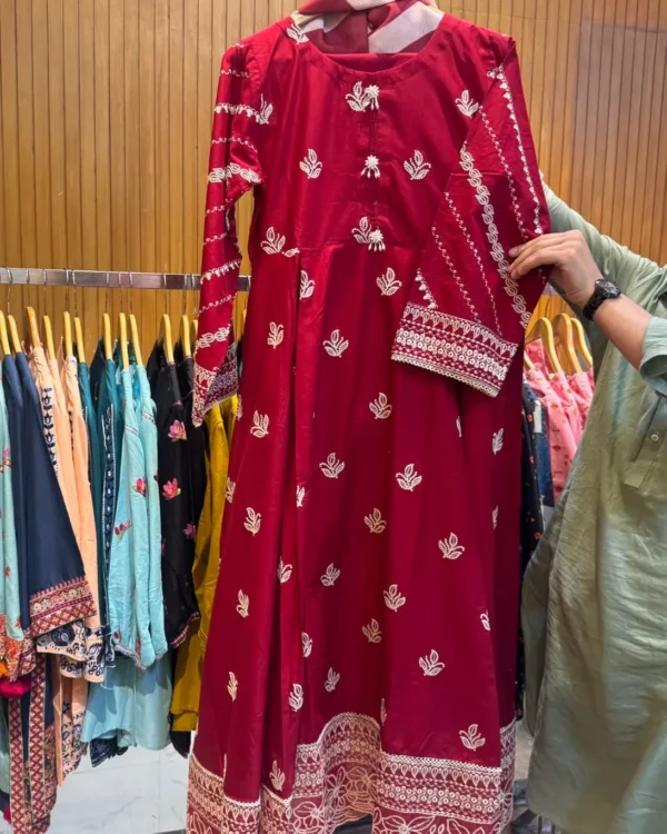 Red Long Frock Embroidered 3-Piece Suit