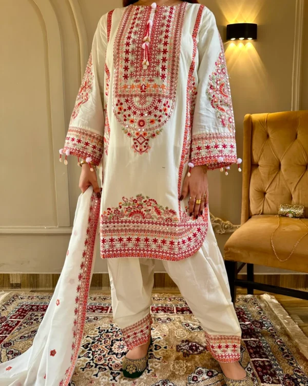 Cream Short Shirt Embroidered 3-Piece Suit