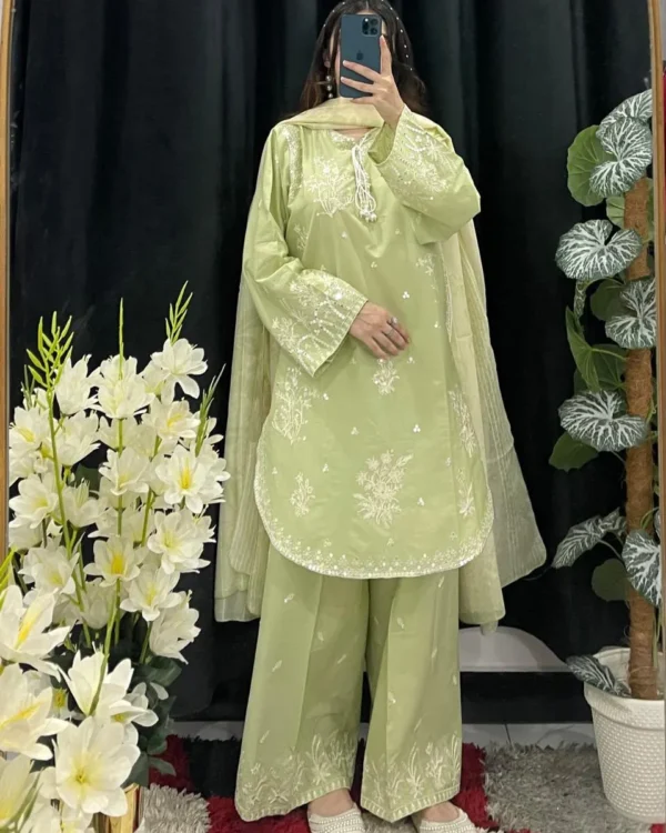 Pale Green Cotton Embroidered 3-Piece Suit