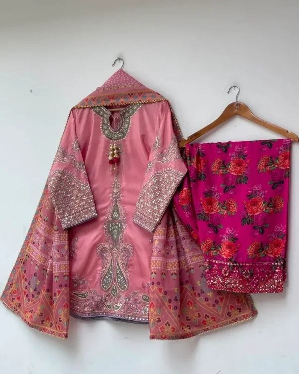 Silk Embroidered 3-Piece Suit with Multi Print Shalwar - RG02