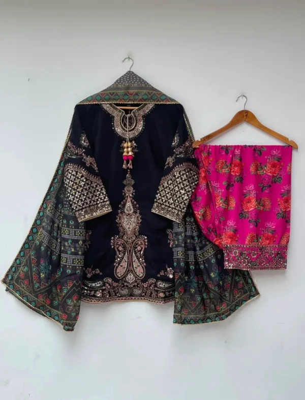 price 7499 code Rg02 silk 3pcs embroidered short shirt with beautiful multi print shalwar size S M L length 36_ price 7499 code Rg02 silk 3pcs embroidered short shirt with beautiful multi print shalwar size S M L length 36_