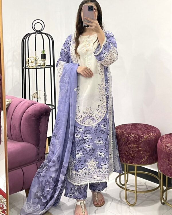 Fabric Cotton 3pcs Stiched Embroidered Work Print Dupatta & Trousers – RG04 - casual wear | Rangoli