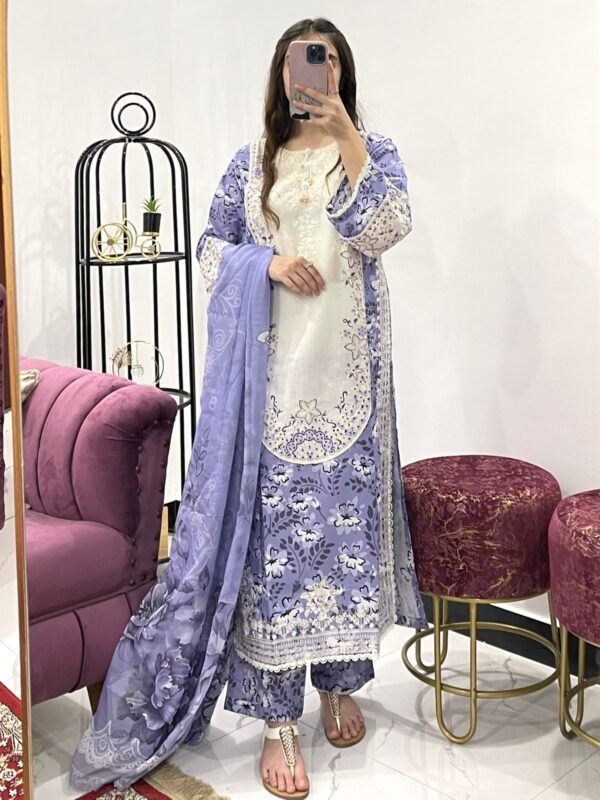 Fabric Cotton 3pcs Stiched Embroidered Work Print Dupatta & Trousers – RG04 - casual wear | Rangoli