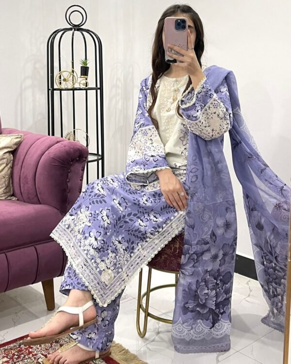 Fabric Cotton 3pcs Stiched Embroidered Work Print Dupatta & Trousers – RG04 - casual wear | Rangoli