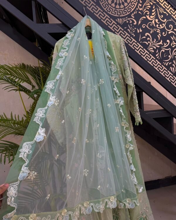Fabric Orgainza Fancy 3pcs Handmade & Moti Embroidery Work With Net Dupatta & Trousers – RG05 - fancy | Rangoli