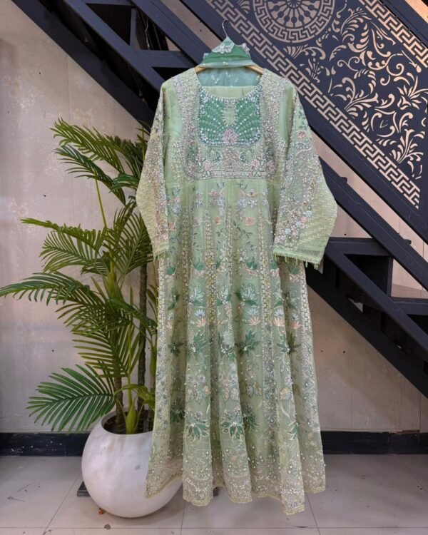 Fabric Orgainza Fancy 3pcs Handmade & Moti Embroidery Work With Net Dupatta & Trousers – RG05 - fancy | Rangoli