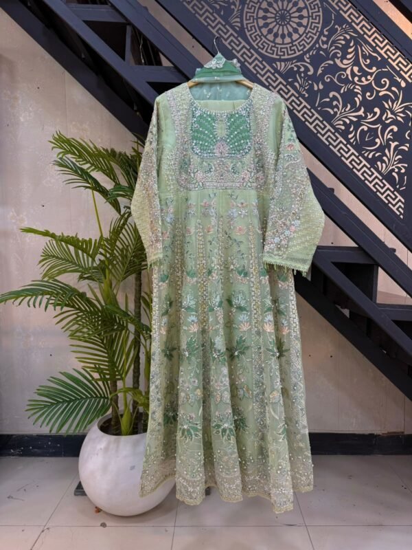 Fabric Orgainza Fancy 3pcs Handmade & Moti Embroidery Work With Net Dupatta & Trousers – RG05 - fancy | Rangoli