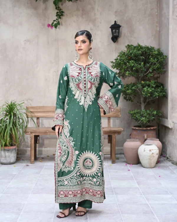 Long Shirt 3pcs Embroidered Pure Raw Silk Treadwork With Dupatta & Trousers – RG07 - party wear | Rangoli
