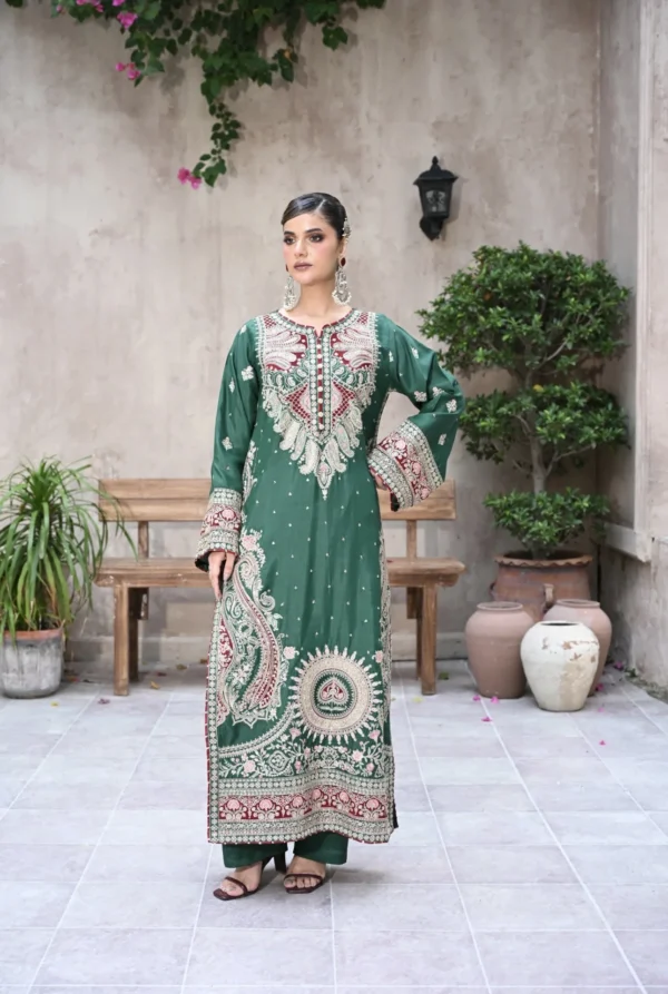 Long Shirt 3pcs Embroidered Pure Raw Silk Treadwork With Dupatta & Trousers – RG07 - party wear | Rangoli