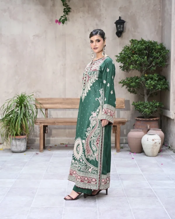 Long Shirt 3pcs Embroidered Pure Raw Silk Treadwork With Dupatta & Trousers – RG07 - party wear | Rangoli