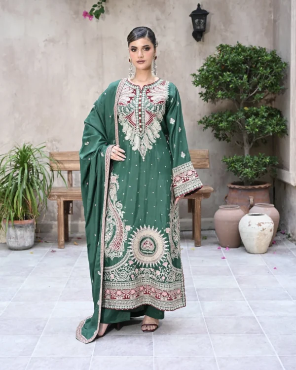 Long Shirt 3pcs Embroidered Pure Raw Silk Treadwork With Dupatta & Trousers – RG07 - party wear | Rangoli