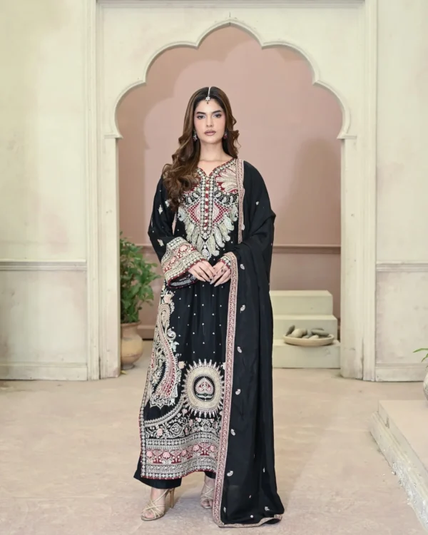 Long Shirt 3pcs Embroidered Pure Raw Silk Treadwork With Dupatta & Trousers – RG07 - party wear | Rangoli