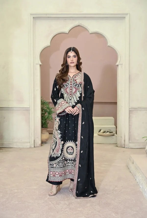 Long Shirt 3pcs Embroidered Pure Raw Silk Treadwork With Dupatta & Trousers – RG07 - party wear | Rangoli