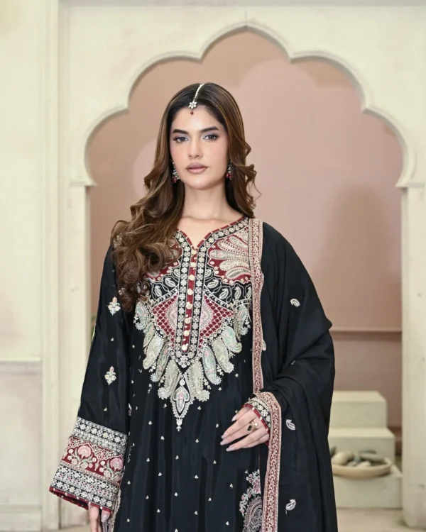 Long Shirt 3pcs Embroidered Pure Raw Silk Treadwork With Dupatta & Trousers – RG07 - party wear | Rangoli