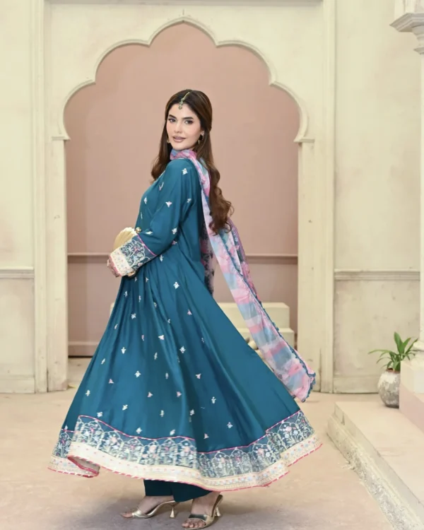 Frock 3pcs Embroidered Pure Row Silk Long Frock With Print Dupatta Laces Work With Trousers – RG08 - party wear | Rangoli