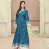 Frock 3pcs Embroidered Pure Row Silk Long Frock With Print Dupatta Laces Work With Trousers – RG08 - party wear | Rangoli