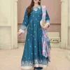 Frock 3pcs Embroidered Pure Row Silk Long Frock With Print Dupatta Laces Work With Trousers – RG08 - party wear | Rangoli