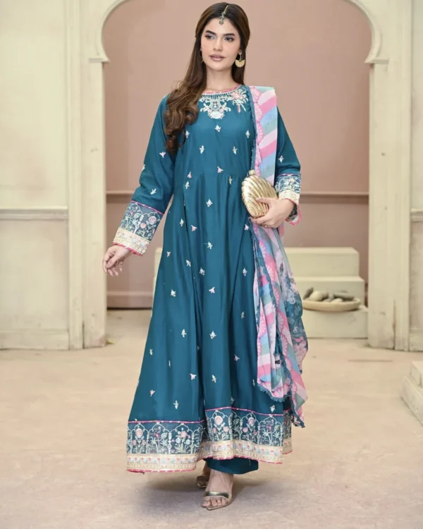 Frock 3pcs Embroidered Pure Row Silk Long Frock With Print Dupatta Laces Work With Trousers – RG08 - party wear | Rangoli