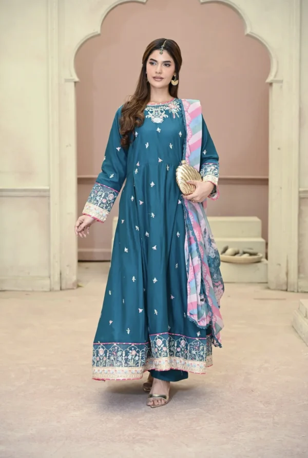 Frock 3pcs Embroidered Pure Row Silk Long Frock With Print Dupatta Laces Work With Trousers – RG08 - party wear | Rangoli