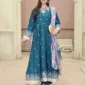 Frock 3pcs Embroidered Pure Row Silk Long Frock With Print Dupatta Laces Work With Trousers – RG08 - party wear | Rangoli