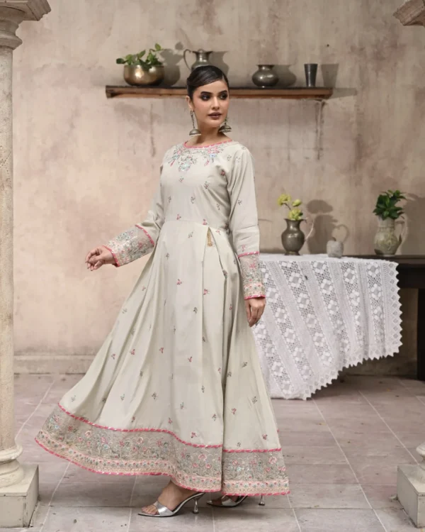 Frock 3pcs Embroidered Pure Row Silk Long Frock With Print Dupatta Laces Work With Trousers – RG08 - party wear | Rangoli