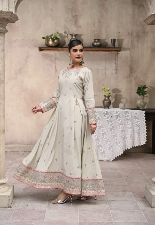 Frock 3pcs Embroidered Pure Row Silk Long Frock With Print Dupatta Laces Work With Trousers – RG08 - party wear | Rangoli