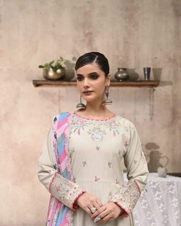 Frock 3pcs Embroidered Pure Row Silk Long Frock With Print Dupatta Laces Work With Trousers – RG08 - party wear | Rangoli