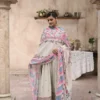 Frock 3pcs Embroidered Pure Row Silk Long Frock With Print Dupatta Laces Work With Trousers – RG08 - party wear | Rangoli