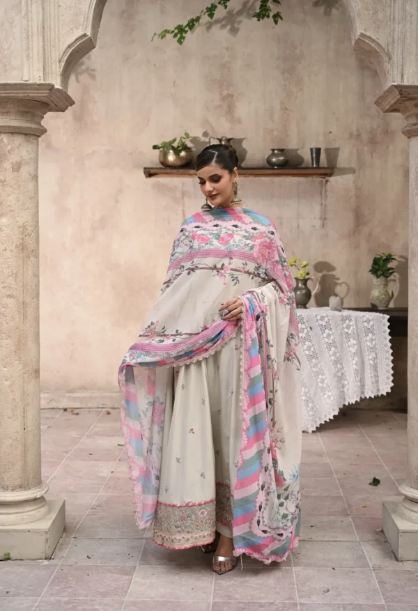 rg08w-5.webp Frock 3pcs Embroidered Pure Row Silk Long Frock With Print Dupatta Laces Work With Trousers – RG08 - party wear | Rangoli