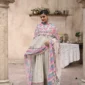 Frock 3pcs Embroidered Pure Row Silk Long Frock With Print Dupatta Laces Work With Trousers – RG08 - party wear | Rangoli