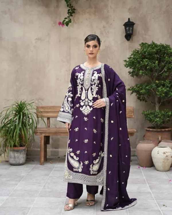 3pcs Pure Silk Tila Embroidered With Beautiful Paches Work With Dupatta & Trousers – RG09 - party wear | Rangoli