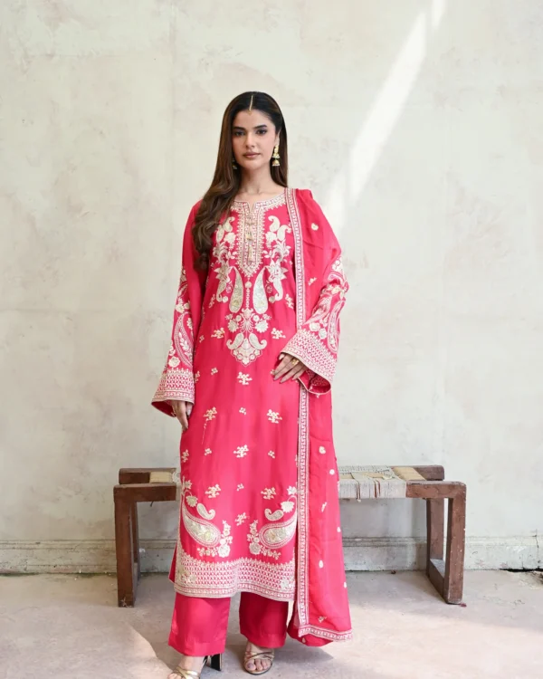 3pcs Pure Silk Tila Embroidered With Beautiful Paches Work With Dupatta & Trousers – RG09 P - party wear | Rangoli