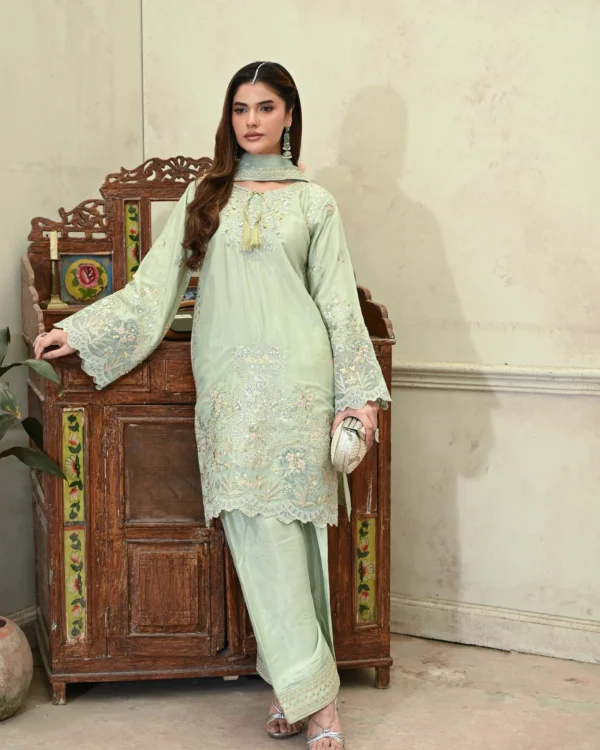 Elara Mint Green Tila Embroidered 3PCS – RG14 M - Party Wear | Rangoli