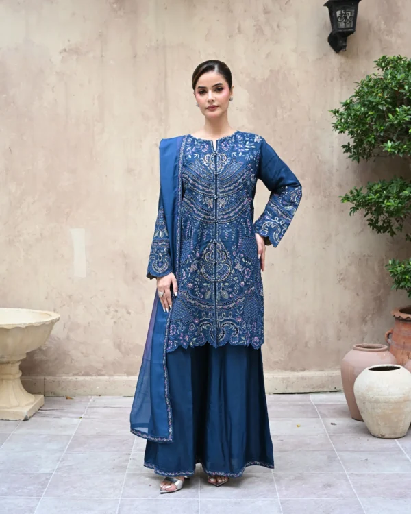 Aurelia Sapphire Blue Tila Embroidered 3PCS – RG19 - Party Wear | Rangoli